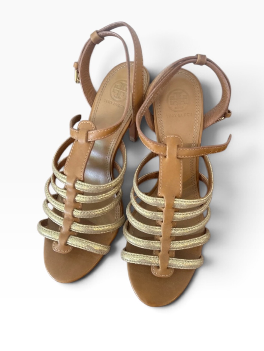 Tory Burch Tan Leather Strappy Heels with Gold Accent